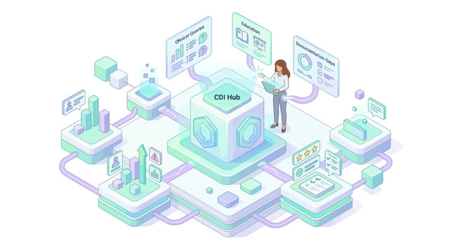 Isometric CDI Hub concept with clinical documentation improvement data visualization for healthcare digital transformation and medical administration software interface design