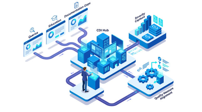 Isometric CDI Hub concept with clinical documentation improvement workflow digital data analytics and healthcare quality management system infographic blue style