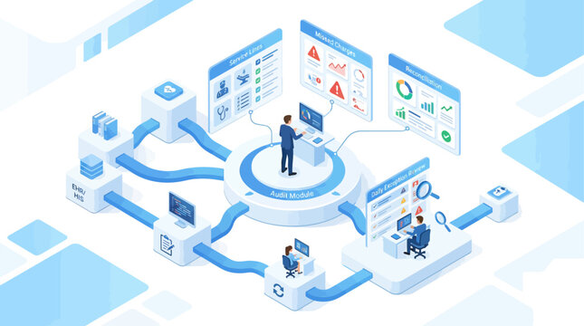 Isometric medical billing and revenue cycle management process with healthcare audit analytics software interface