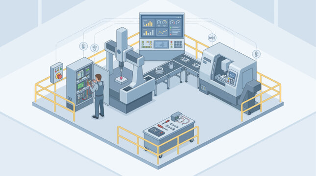 Isometric smart factory production line with technician monitoring automated machinery and CNC equipment in a digital industrial environment for manufacturing concepts