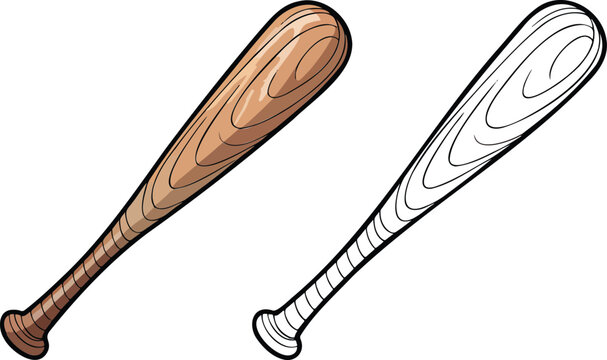 Baseball bat illustration & outline set isolated on transparent background 