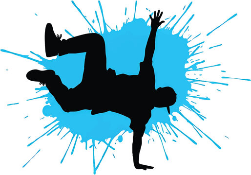 Silhouette of a breakdancer performing a freeze pose against a vibrant blue paint splash background