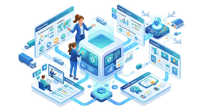 Isometric business process management illustration with professional team managing digital workflows and corporate data analytics on blue background for marketing and web design