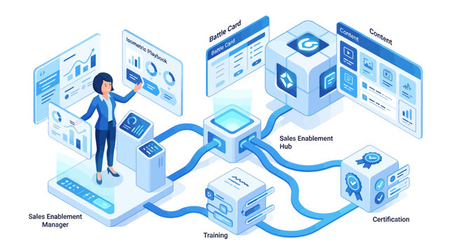 Isometric sales enablement hub infographic with manager character presenting marketing data and training modules for corporate digital transformation strategy in blue color palette