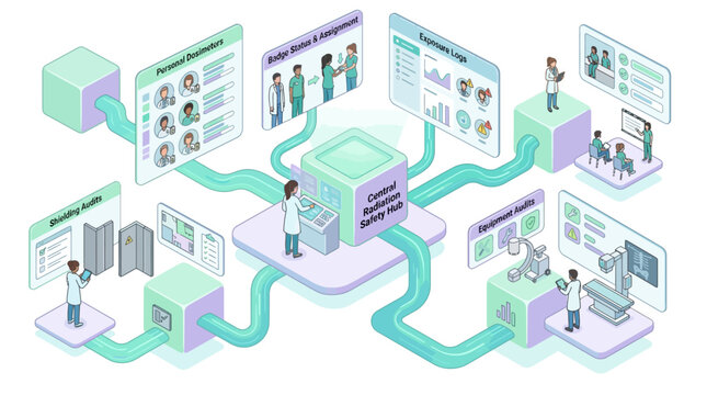Isometric radiation safety hub and medical facility workflow infographic showing digital logs shielding audits and equipment monitoring in professional healthcare environment