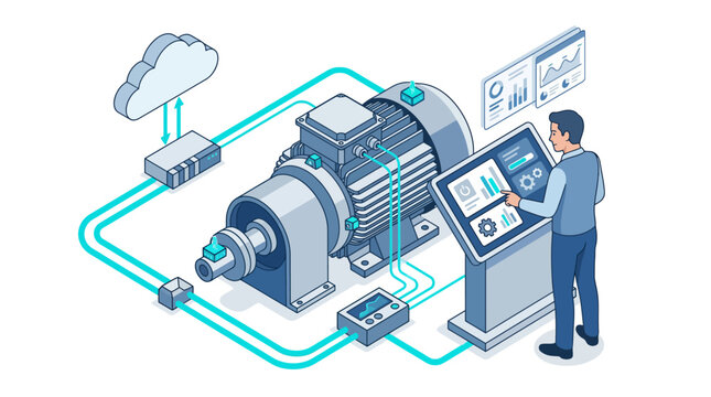 Isometric industrial automation illustration featuring a technician monitoring smart motor performance with cloud data analytics and digital dashboard interface in a professional business concept