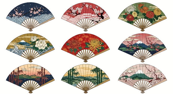 Collection of nine traditional Japanese folding fans with various nature-inspired designs and classic motifs.