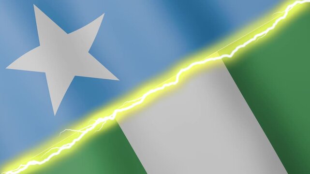 Two waving flags Somalia and Nigeria with diagonal lightning seamless, 4k loop