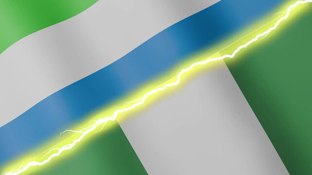Two waving flags Sierra Leone and Nigeria with diagonal lightning seamless, 4k loop
