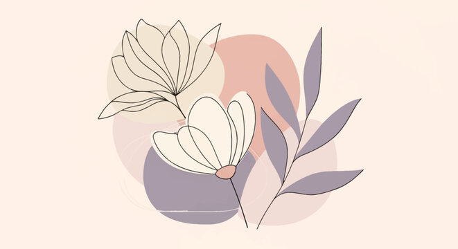Minimalist line art illustration of two flowers and a leafy branch with abstract pastel shapes on a light background, elegant and modern.