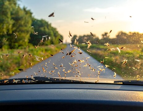 Sunlit Insects Scattered Across Car Windshield on Quiet Country Road