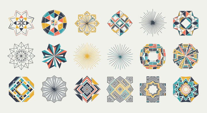 Set of Abstract Geometric Mandalas and Decorative Sunburst Symbols