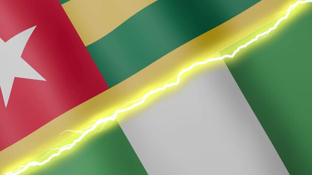 Two waving flags Togo and Nigeria with diagonal lightning seamless, 4k loop