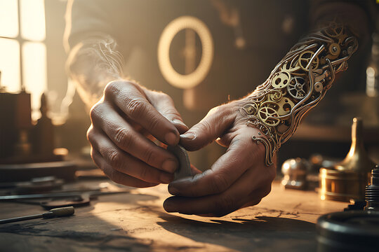 Artisan jeweler hands working with metal gear craftsman mechanic workshop precision clockwork technical engineering industry manufacturing assembly creation mechanical