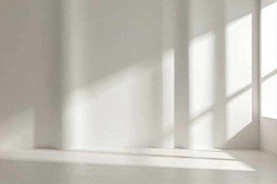 Minimal white studio background with curved wall panels and soft natural window shadow play