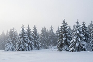 Naklejka premium Serene snowy forest with snow covered fir trees in soft morning fog, minimal winter landscape
