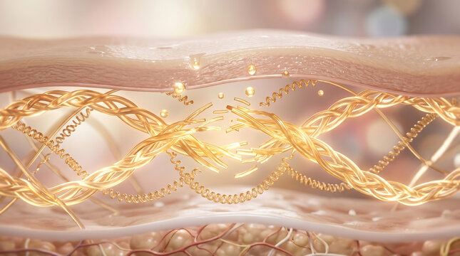 Broken golden collagen fiber network inside skin layer cross section representing aging process and tissue damage skincare 3D render.