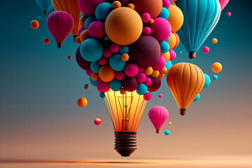 Obraz premium creative idea bulb balloon filled with innovative thoughts, glowing colorful lightbulb balloon symbolizing creative thinking, vibrant brainstorming concept with luminous idea balloon