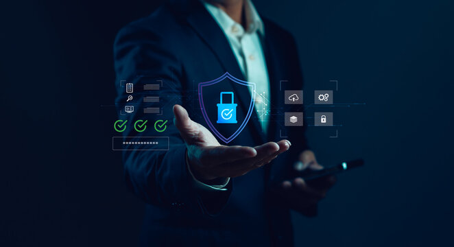Cybersecurity protection concept with secure authentication, data privacy, access control, cloud security, compliance management and digital identity verification for enterprise information systems