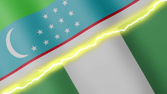 Two waving flags Uzbekistan and Nigeria with diagonal lightning seamless, 4k loop