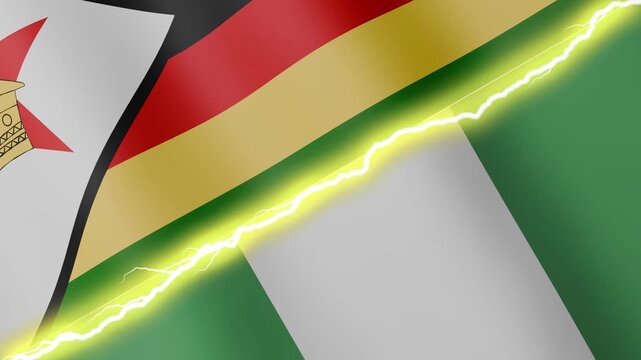 Two waving flags Zimbabwe and Nigeria with diagonal lightning seamless, 4k loop