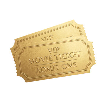 golden VIP movie tickets ADMIT ONE, isolated PNG transparent background