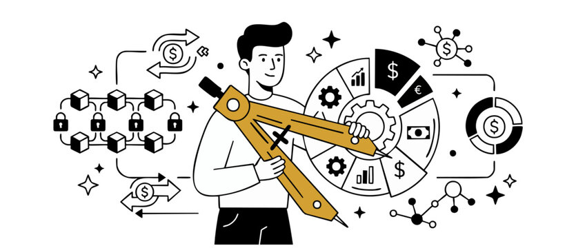 Financial analyst planning blockchain tokenomics with drawing compass, managing digital asset allocation, budget strategy, and business investment in flat line art graphic. Concept of economy.