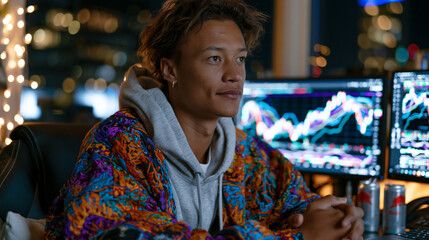 Obraz premium Young crypto trader pacing a small apartment late at night, multiple screens showing volatile exchange charts, empty energy drink cans on the desk, urban ambient glow outside, anxiety palpable in bo