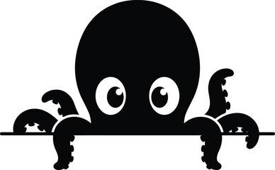 Adorable cartoon black octopus character with large white eyes peeking over a line simple vector illustration © GraphicGrove
