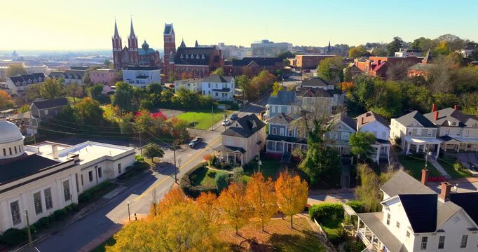 Scenic city of Macon, Georgia highlighting historic district with vintage buildings, urban streets and preserved southern American architectural landscape.