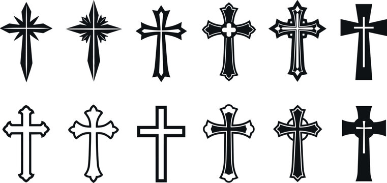 Christian Cross Silhouette Icon Set with Gothic, Celtic, Ornate, and Traditional Crucifix Religious Symbols for Faith and Church Vector Designs