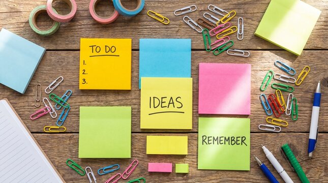 Colorful Sticky Notes and Paper Clips on Wooden Desk