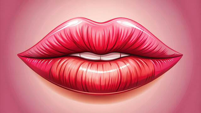 Close up of shiny pink lips with natural teeth showing, beauty and makeup concept