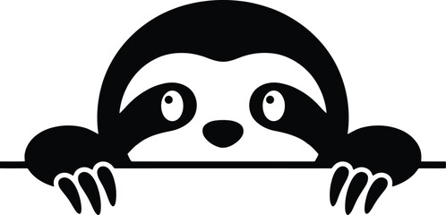 Fototapeta premium Adorable cartoon sloth peeking over a horizontal line with its face and paws looking curiously from above a border