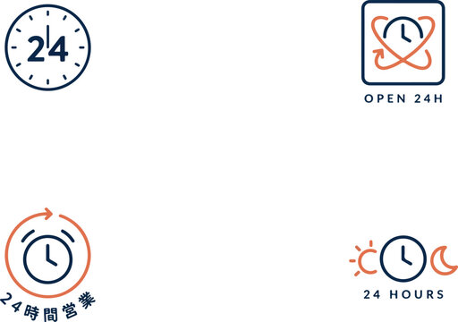 Collection of round twenty four hour service icons featuring clocks sun and moon graphics for non stop business operations. Vector Illustration