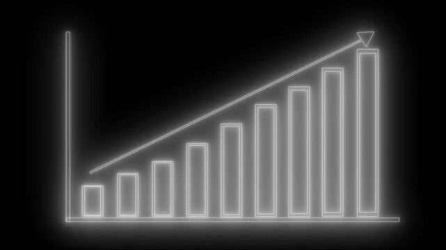 Glowing neon-style bar chart showing upward-trending bars with diagonal arrow animation