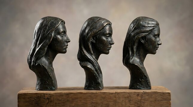 Three bronze bust sculptures of women with long hair on a wooden shelf