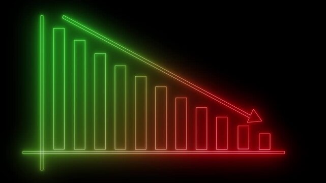 Neon-style glowing bar chart with descending bars and a diagonal arrow showing decline animation