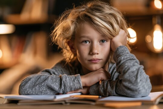 Young boy rests arms on open books
