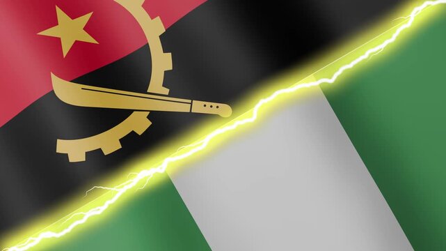 Two waving flags Angola and Nigeria with diagonal lightning seamless, 4k loop