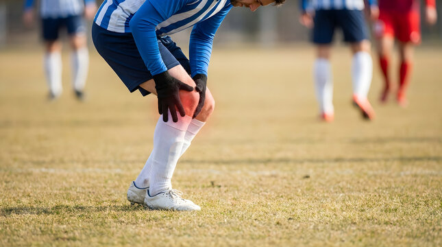 An athlete suffers a painful knee injury during a football match on a sports field, highlighting the risk of sports accidents and discomfort