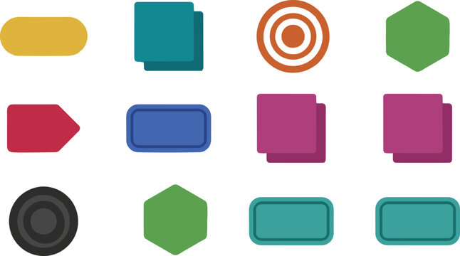 Geometric shape icon set with colorful button labels tag elements target circle square and hexagon flowchart vector symbols
