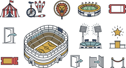 Entertainment Venue and Stadium Event Icon Set Featuring Arena Circus Juggling Ticket Entry Gate Spotlight VIP Access and Live Show Symbols © MdSumon