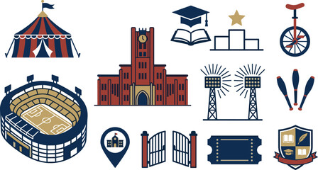 Education and Campus Life Icon Set Featuring University Stadium Circus Tent Graduation Achievement Event Tickets and Student Activities Design © MdSumon