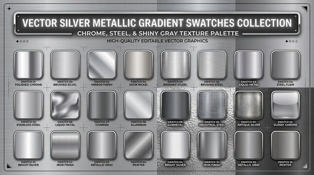 Vector silver metallic gradient swatches collection, chrome steel shiny gray texture palettes