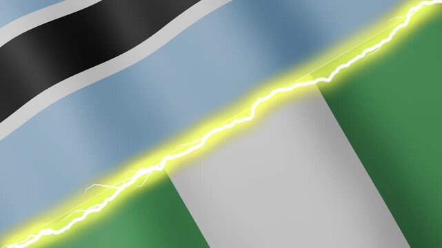 Two waving flags Botswana and Nigeria with diagonal lightning seamless, 4k loop