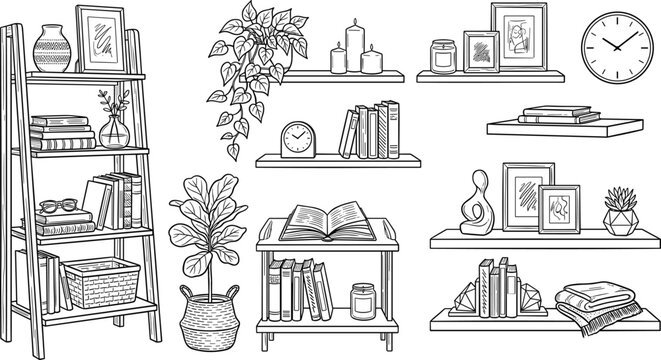 Modern home decor shelving line art vector bundle containing ladder rack wall shelves books potted plants picture frames icons set