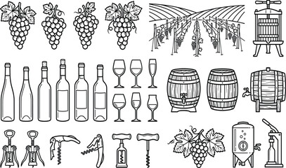 Fototapeta premium Wine and vineyard icon set featuring grapes, bottles, glasses, barrels, corkscrews, and winemaking equipment line art illustrations.