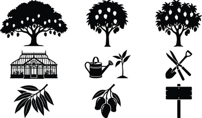 Mango Orchard and Gardening Silhouette Icon Set Featuring Fruit Trees Greenhouse Planting Tools Harvest Branches and Agriculture Symbols © MdSumon