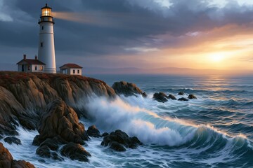 Obraz premium Lighthouse stands tall on rocky cliffside
